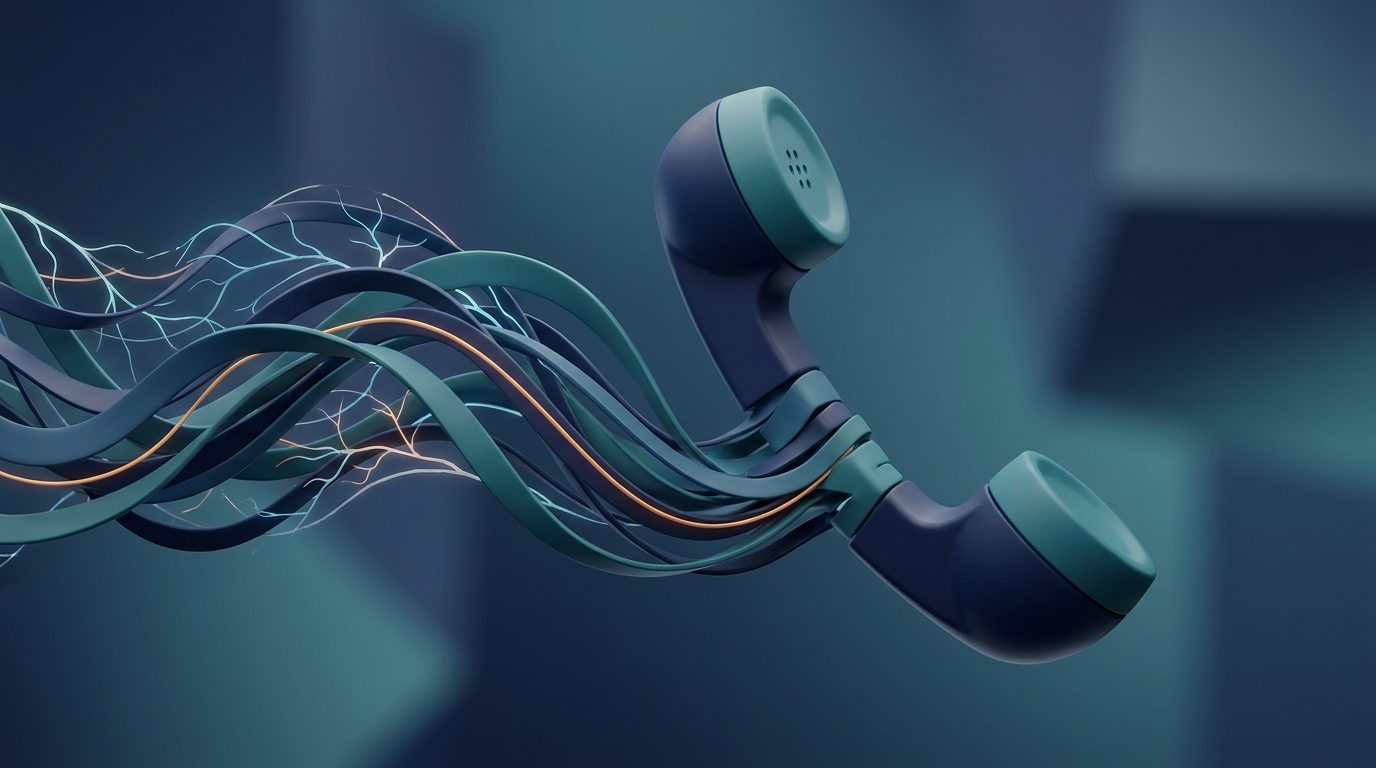 Abstract 3D illustration of a telephone handset and voice waves symbolizing AI voice bots in customer service