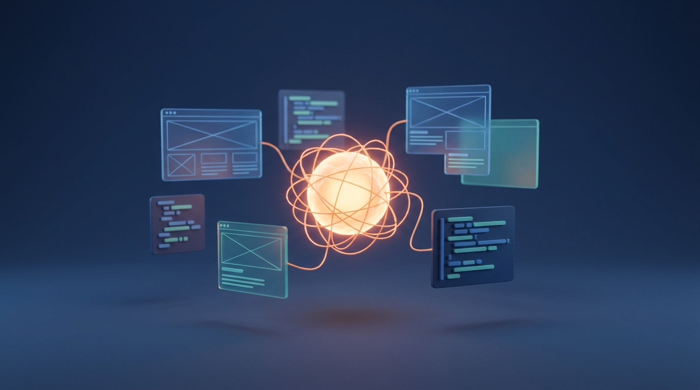 Abstrakt 3D-illustration av AI-driven webbutveckling: en glödande AI-kärna som väver samman webbsidans byggdelar.