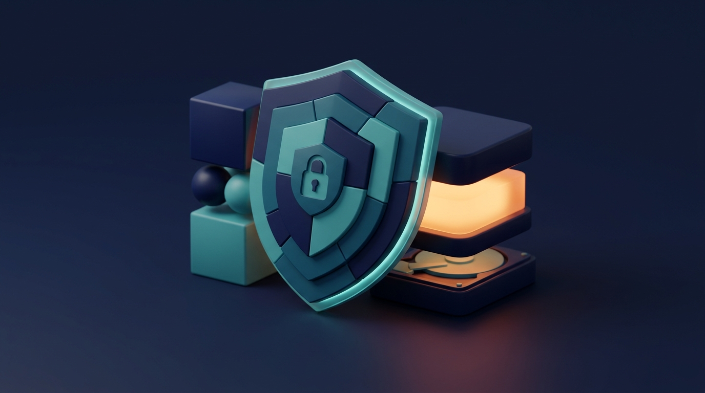 Abstrakt 3D-illustration av säker datasäkerhetskopiering där en sköld skyddar tre datakopior.