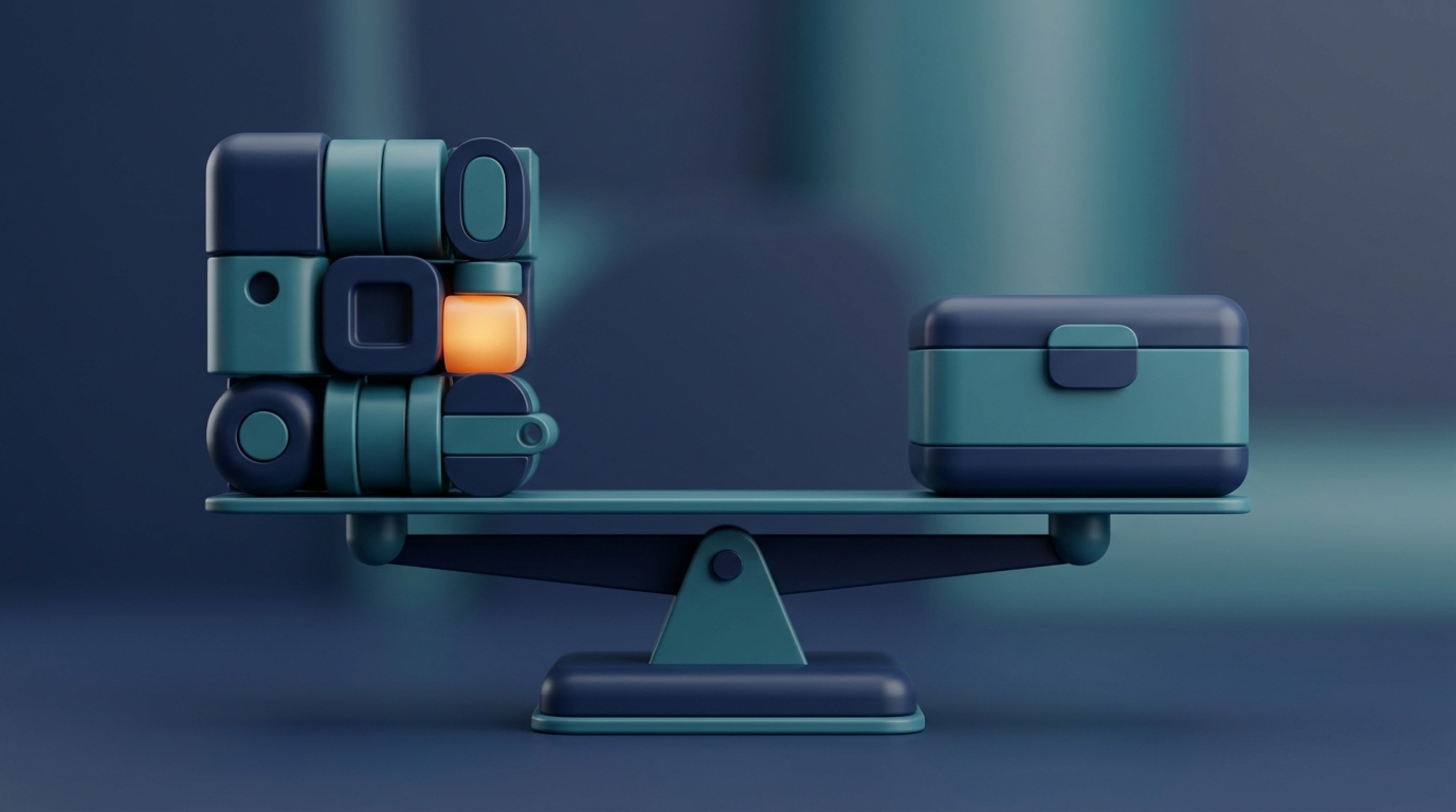 Abstrakt 3D-illustration av en vågskål som väger en egenbyggd modulstruktur mot en färdig standardenhet, för valet mellan eget och köpt journalsystem