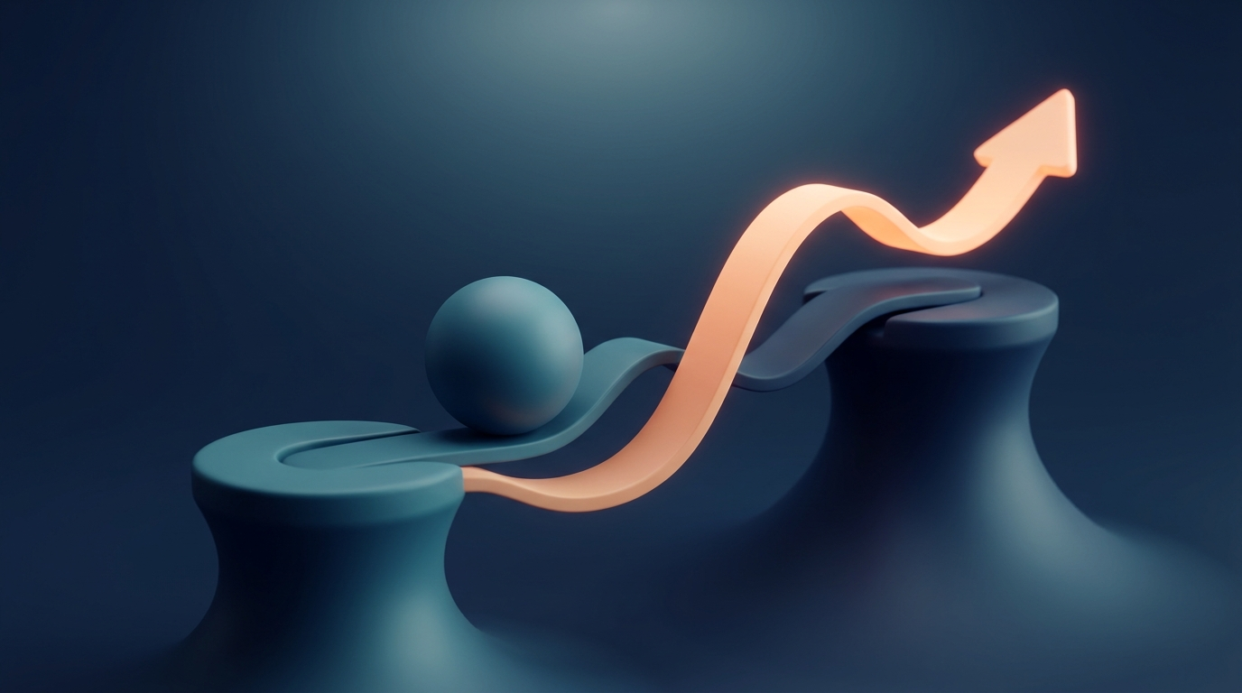 Abstrakt 3D-illustration av en sfär som flyttas mellan två socklar med bibehållen uppåtrörelse, symboliserar byte av hemsida utan tappad Google-ranking