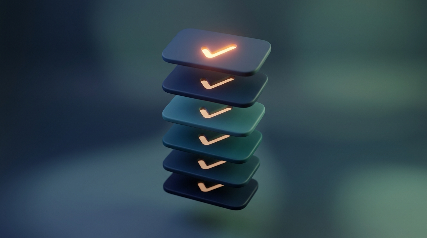 Abstract 3D illustration of a stacked list of cards ticked off one at a time, symbolizing checklist for a new website
