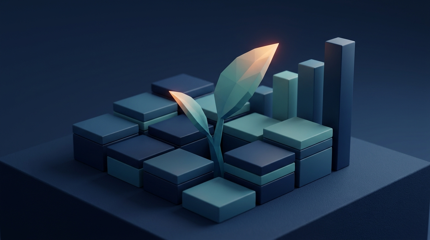 Abstrakt 3D-illustration av ett grönt skott som växer ur staplade datalager, som symbol för CSRD och hållbarhetsrapportering