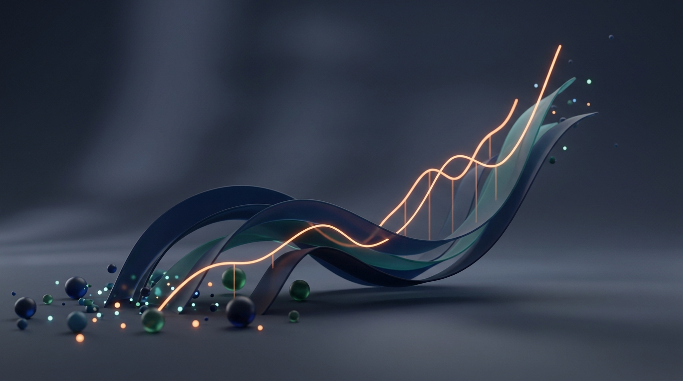 Abstrakt 3D-illustration av flödande kurvor som formas från spridda datapunkter till en stigande trend, som symbol för datadriven budgetering