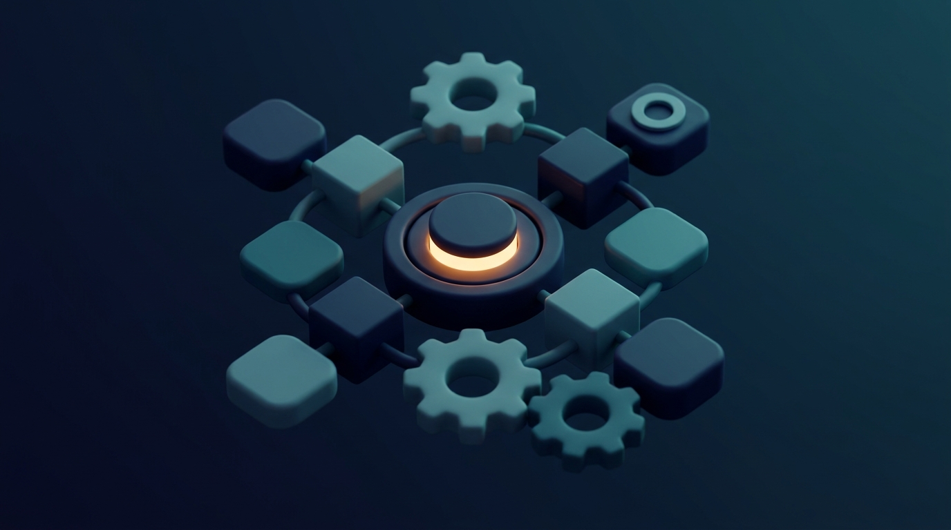 Abstract 3D illustration of interconnected tool objects revolving around a central hub, symbolizing digital tools for a small business in 2026