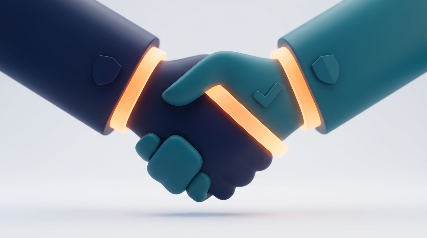 Abstract 3D illustration of a handshake between two parties, symbol of operating agreement and SLA.