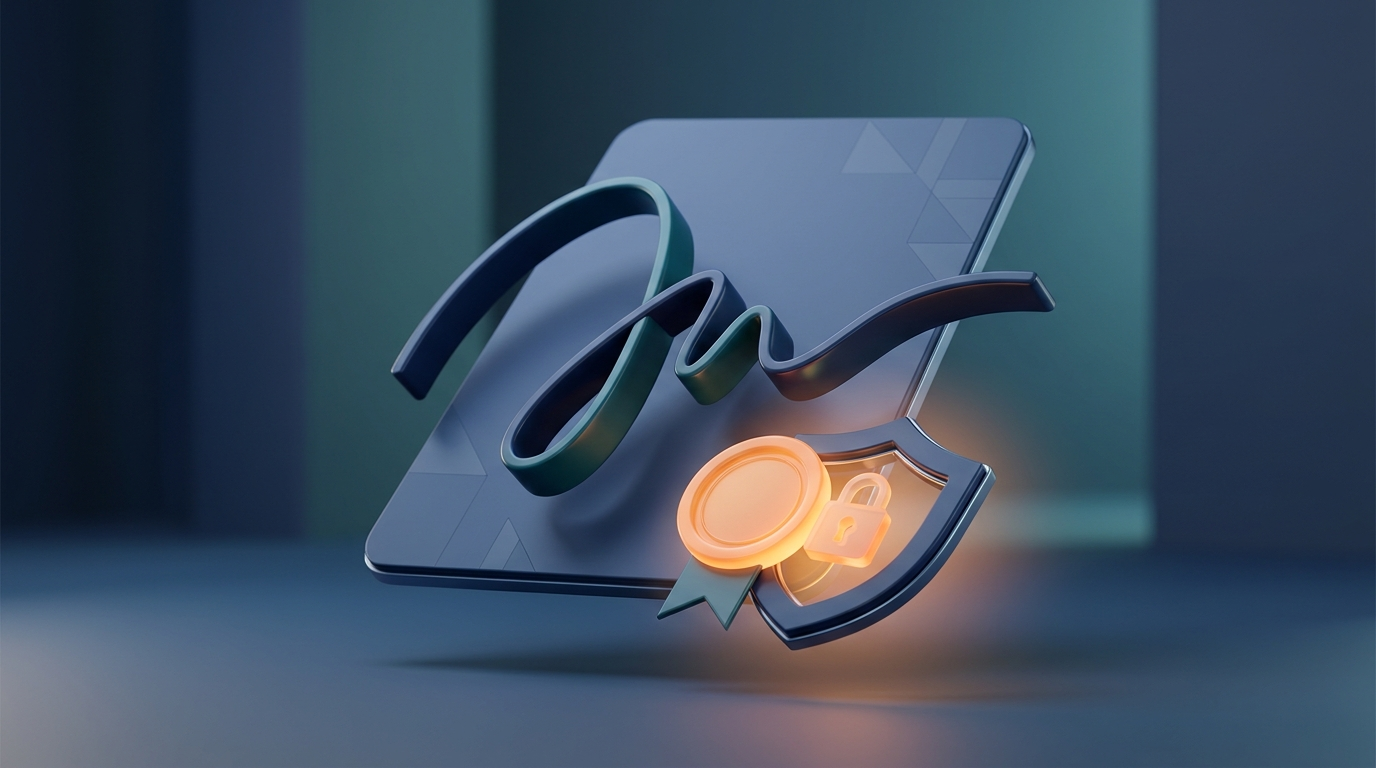 Abstrakt 3D-illustration av en signaturlinje över ett dokument med sigill och sköld, symboliserar juridiskt giltiga digitala underskrifter
