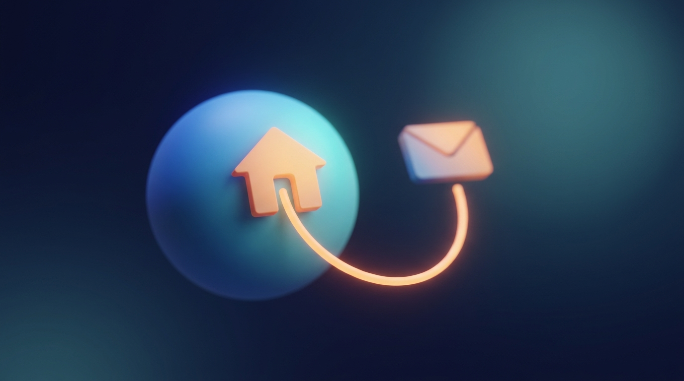 Abstract 3D illustration of a glowing globe with house marker and envelope linked together, symbolizing own domain and business email