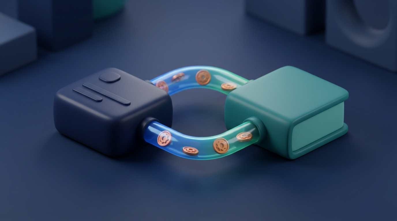 Abstract 3D illustration of two modules linked by a data flow with coin-like disks, symbolizing how invoicing and accounting are connected
