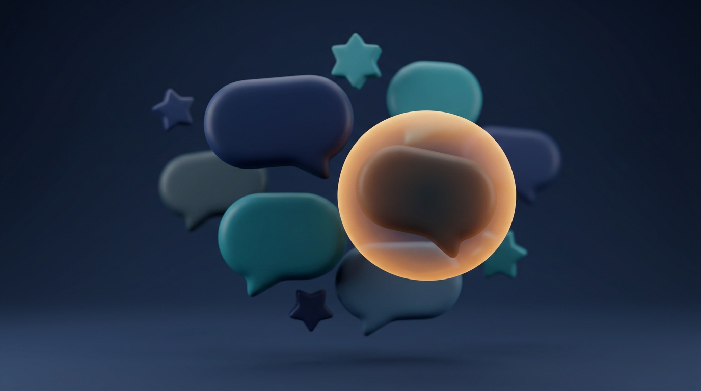 Abstract 3D illustration of stars and speech bubbles symbolizing reviews and handling negative feedback