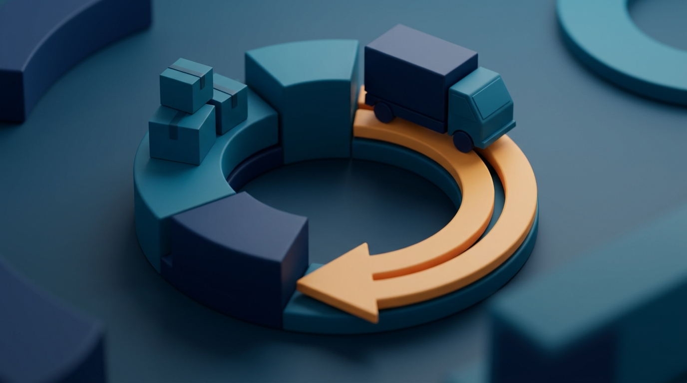 Abstract 3D illustration of truck and package in a logistics loop