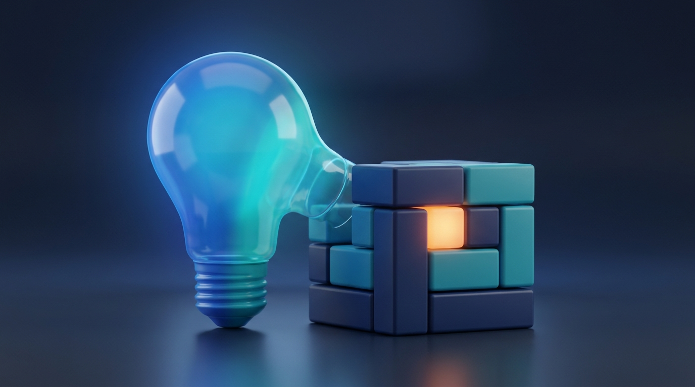 Abstract 3D illustration of a light bulb becoming a prototype, symbol of idea for MVP