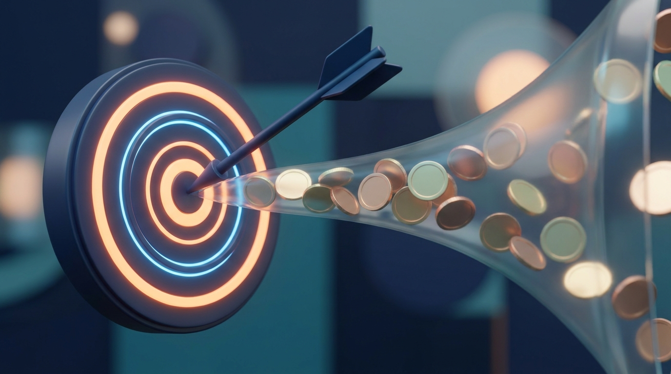 Abstract target board with arrow and controlled flow of coins