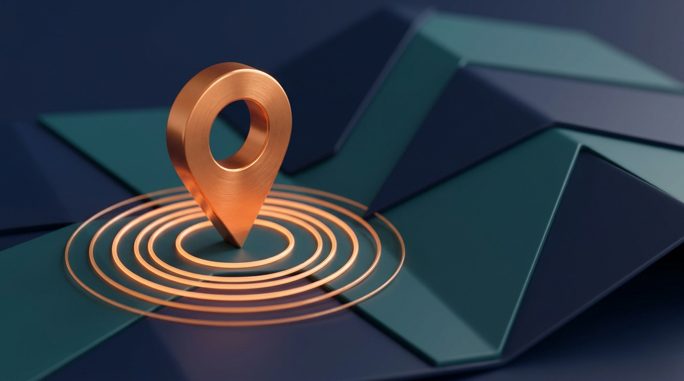 Abstract 3D illustration of a map pin and search waves symbolizing local search on the map