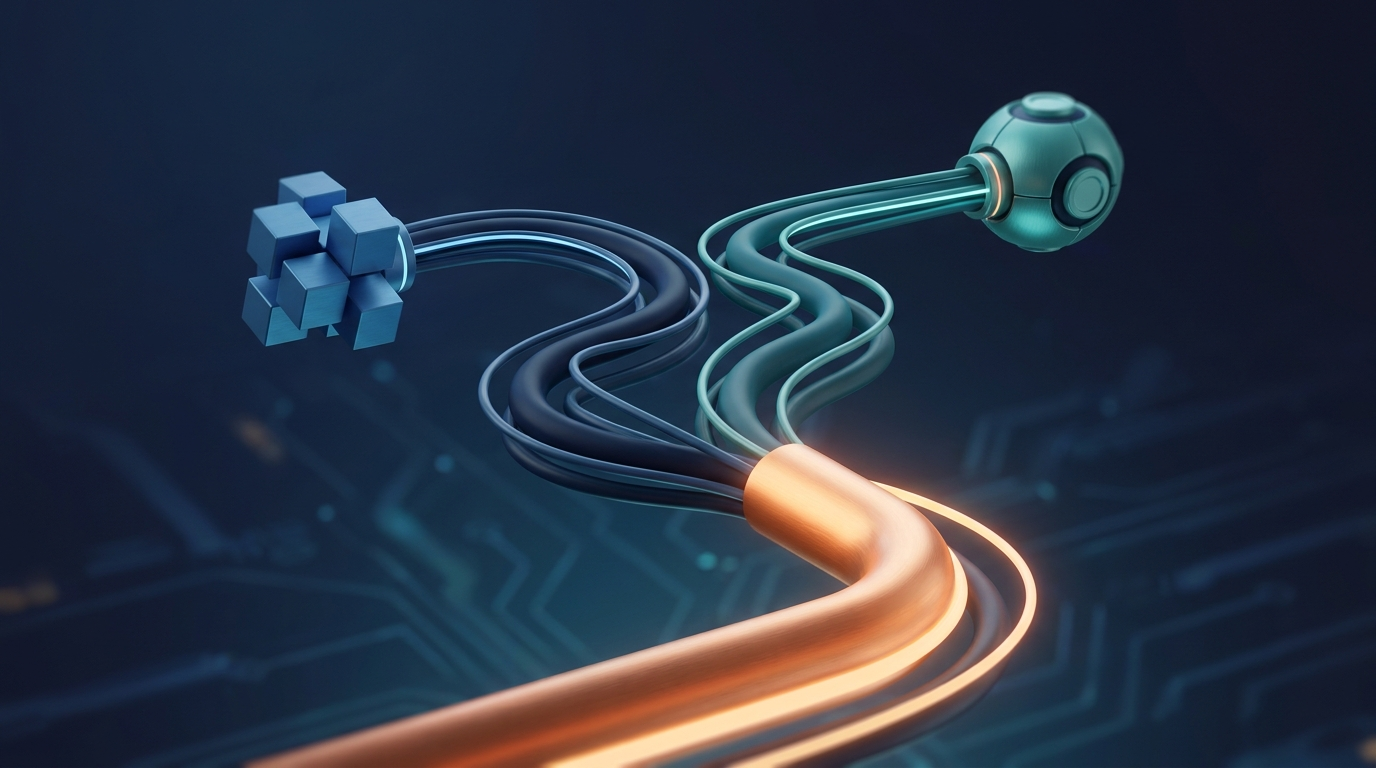 Abstrakt 3D-illustration av två dataflöden som vävs samman till ett, symboliserar integration mellan affärssystem