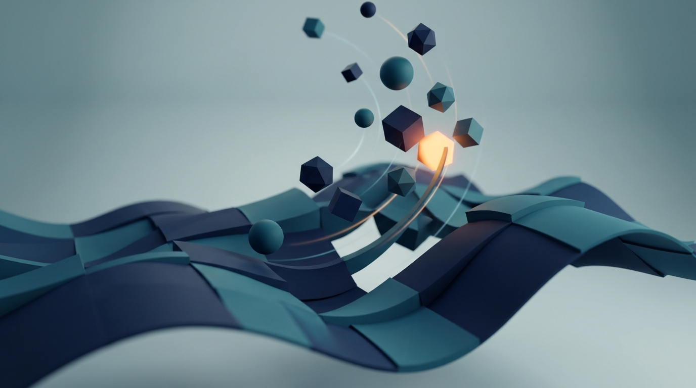 Abstrakt 3D-illustration av en flytande vågyta med rörliga element, symboliserar interaktiva 3D-webbupplevelser