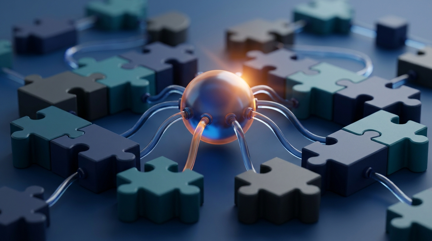 Abstrakt 3D-illustration av ett centralt nav som kopplar samman pusselbitar, symboliserar en integrationsplattform