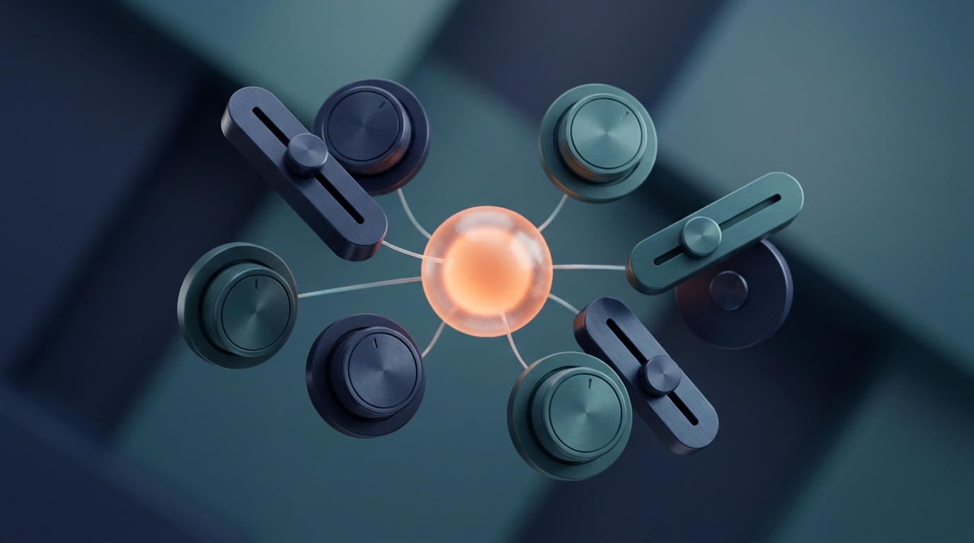 Abstrakt 3D-illustration av skjutreglage och rattar som matar en lysande resultatsfär, symboliserar kalkylatorer och konfiguratorer