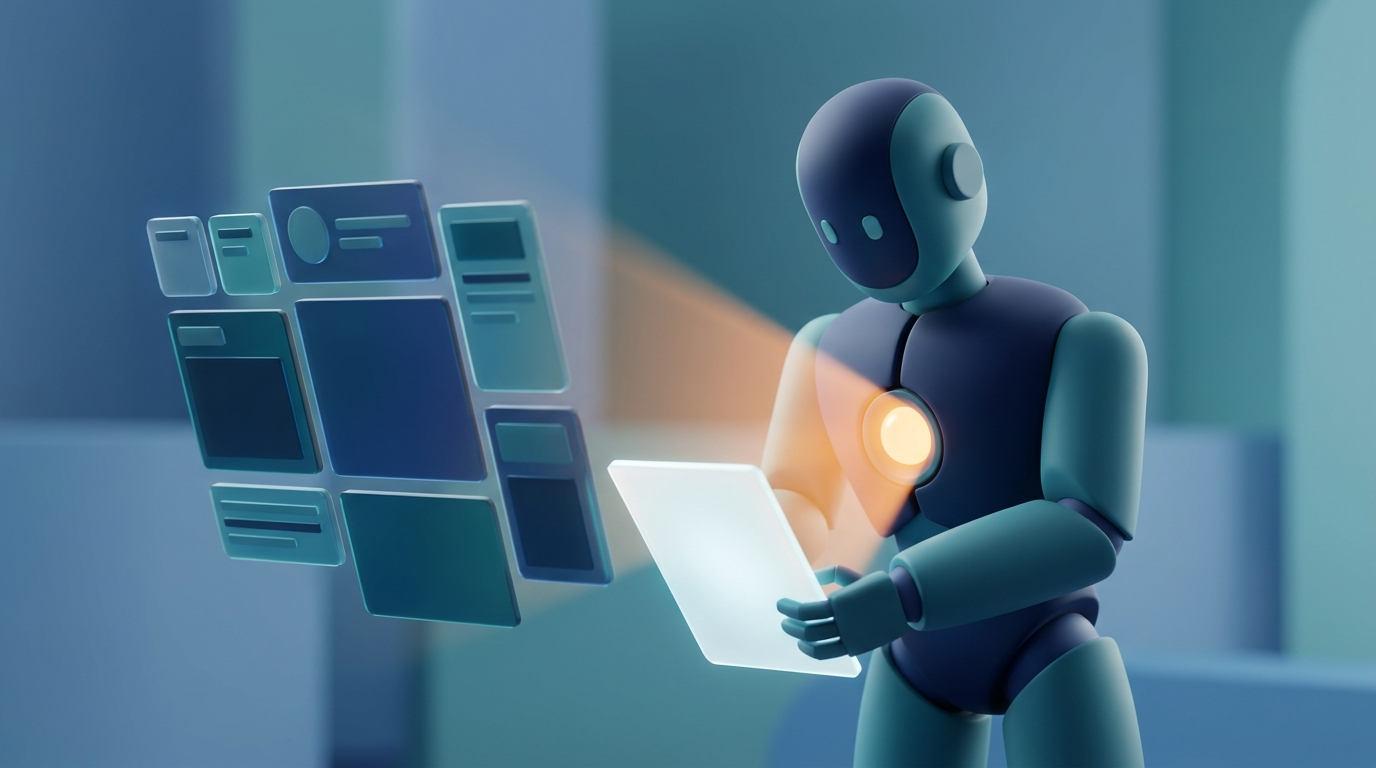 Abstract robot reading structured data file, AI visibility symbol