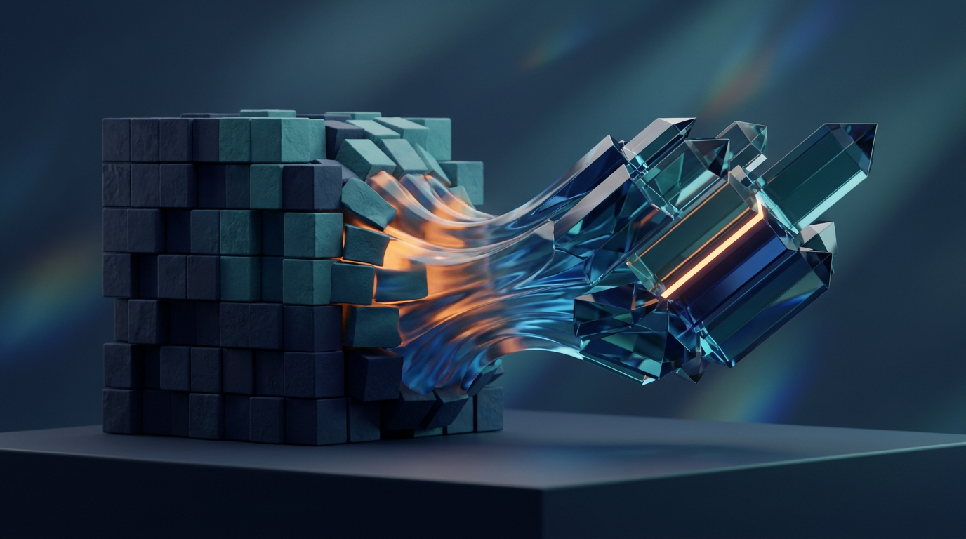Abstrakt 3D-illustration av en gammal kubstruktur som förvandlas till en modern form, symboliserar modernisering av IT-system