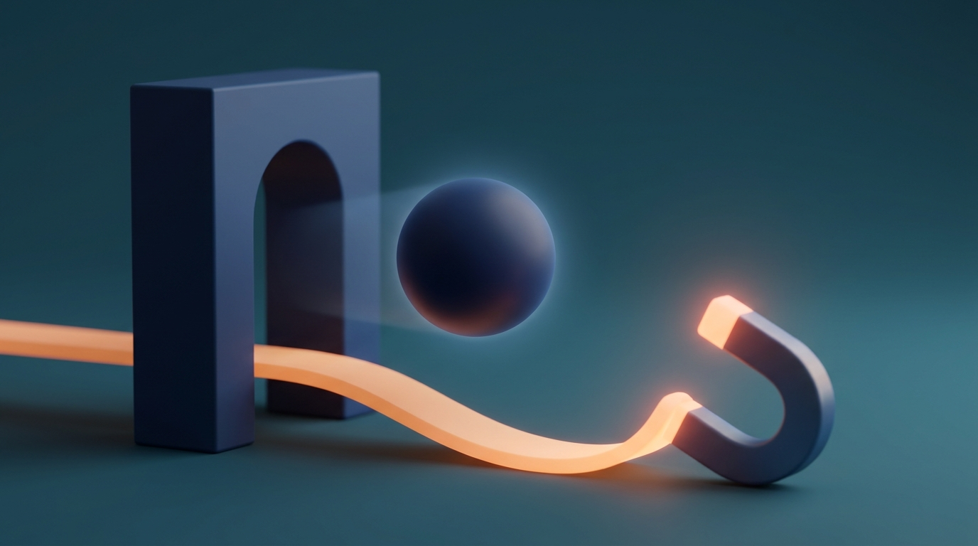 Abstrakt 3D-illustration av en besökare som leds tillbaka av en lysande bana, symboliserar retargeting