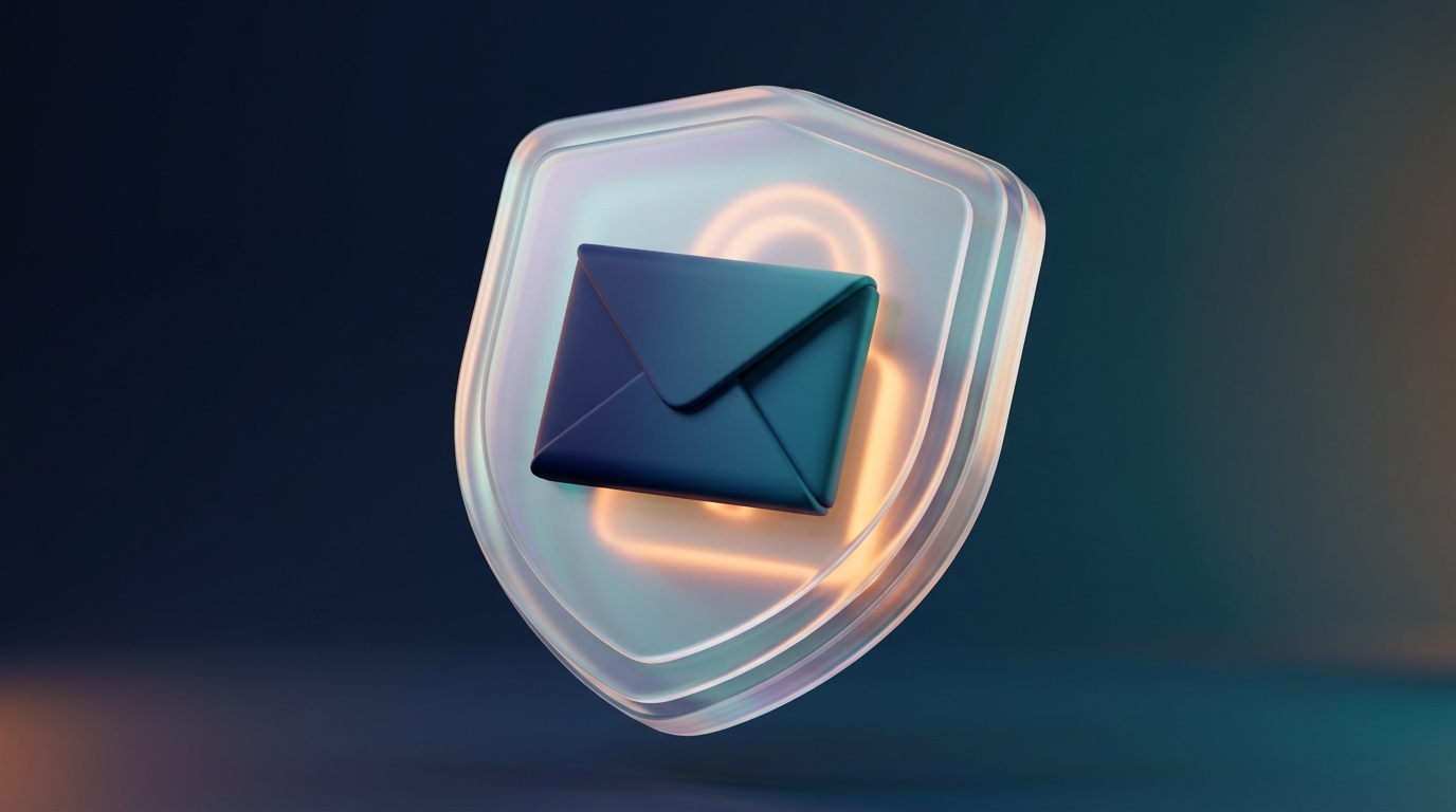 Abstrakt 3D-illustration av ett kuvert skyddat i en sköld med hänglås, symboliserar säker företagsmejl