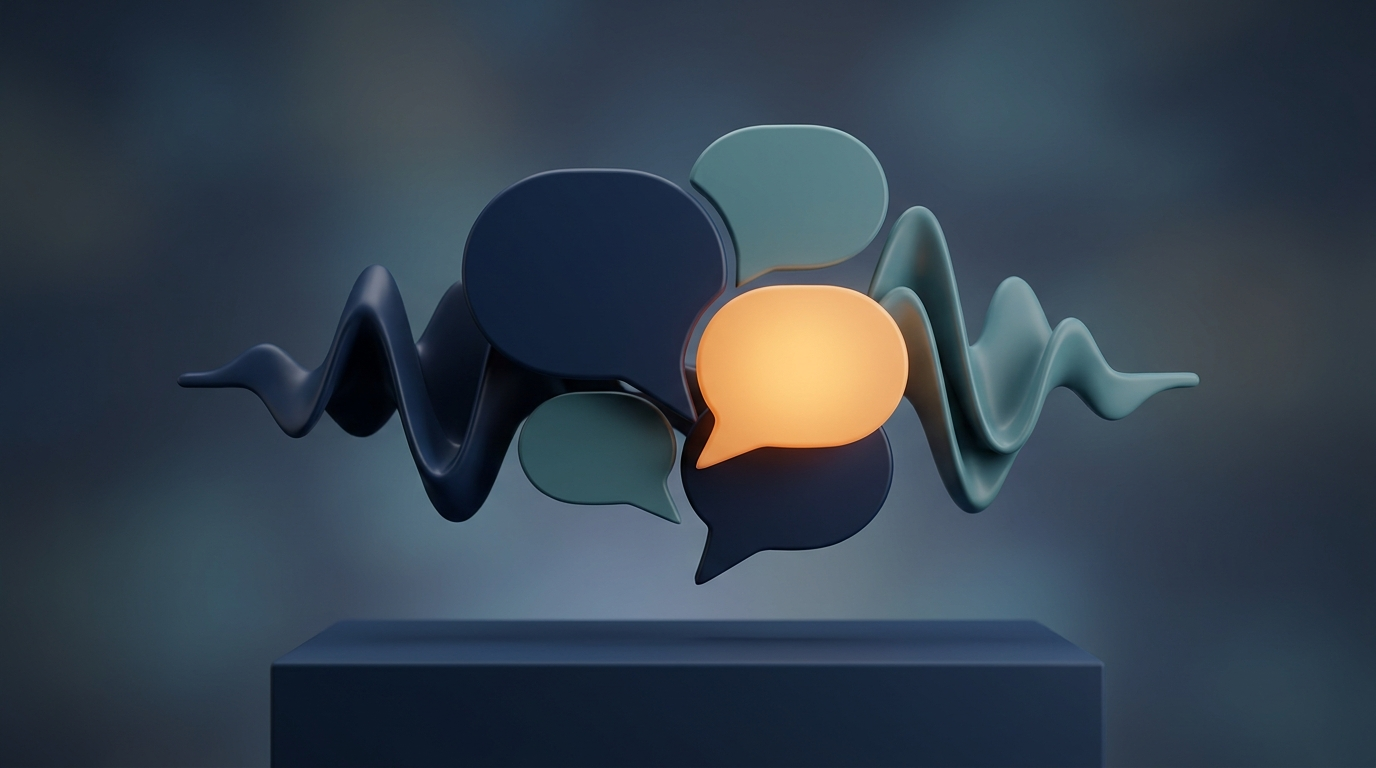 Abstrakt 3D-illustration av pratbubblor och ljudvågor som speglar konsekvent tonalitet och röst
