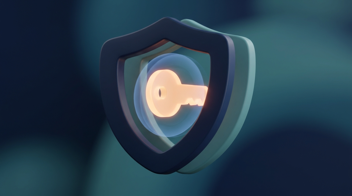 Abstract 3D illustration of shields and a key symbolizing two-factor authentication