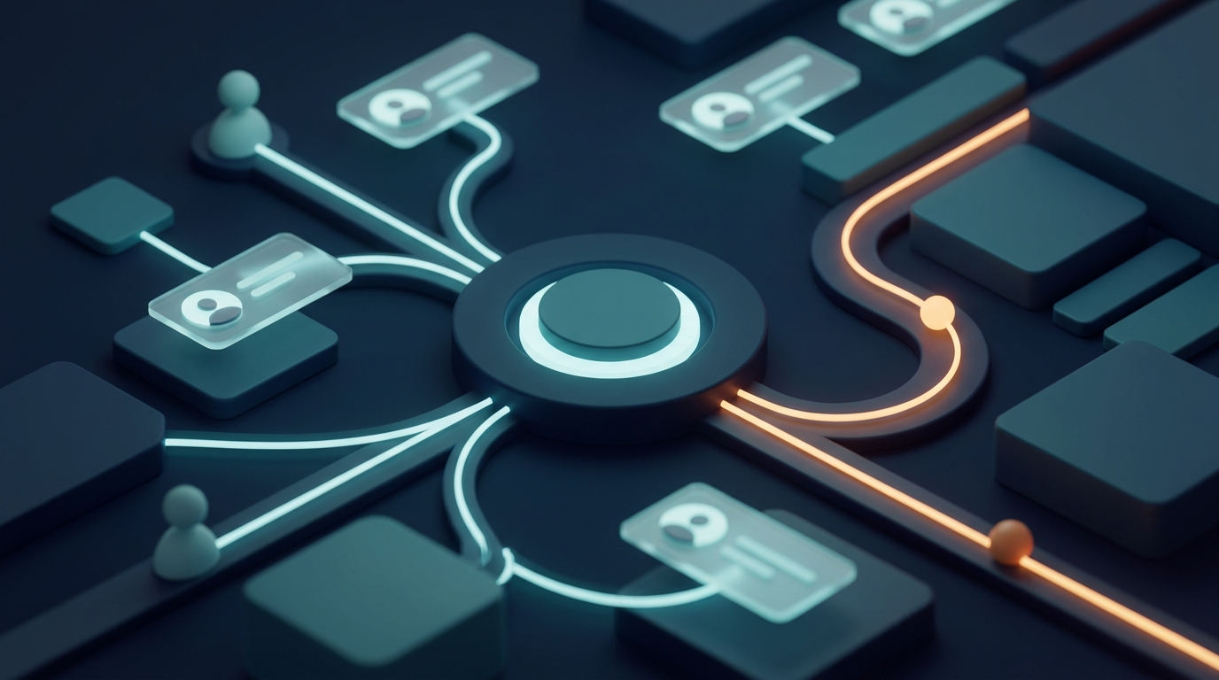 Abstrakt 3D-illustration av ett CRM-system: sammankopplade kontaktkort och kundnoder kring en central hubb.