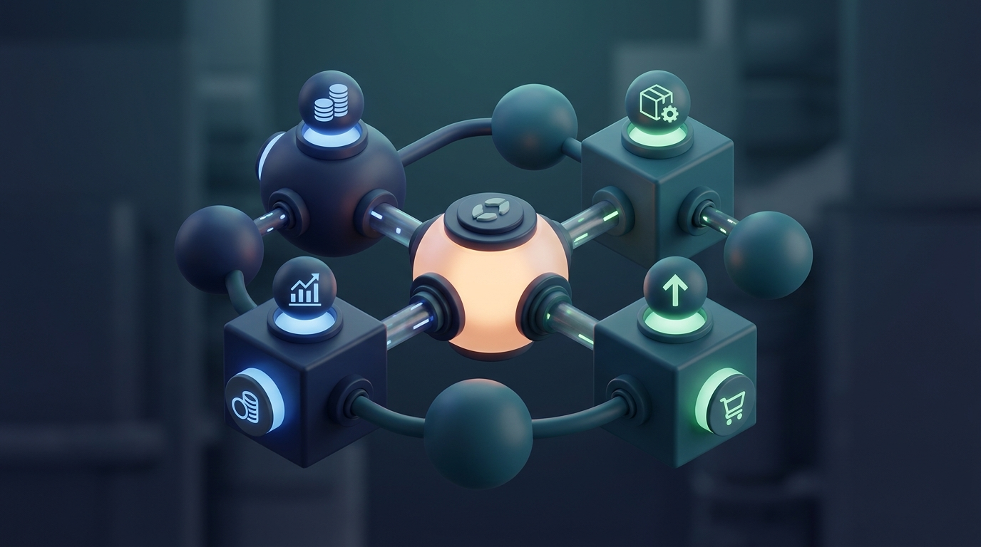 Abstrakt 3D-illustration av ett affärssystem (ERP) med sammankopplade moduler kring en central hubb.