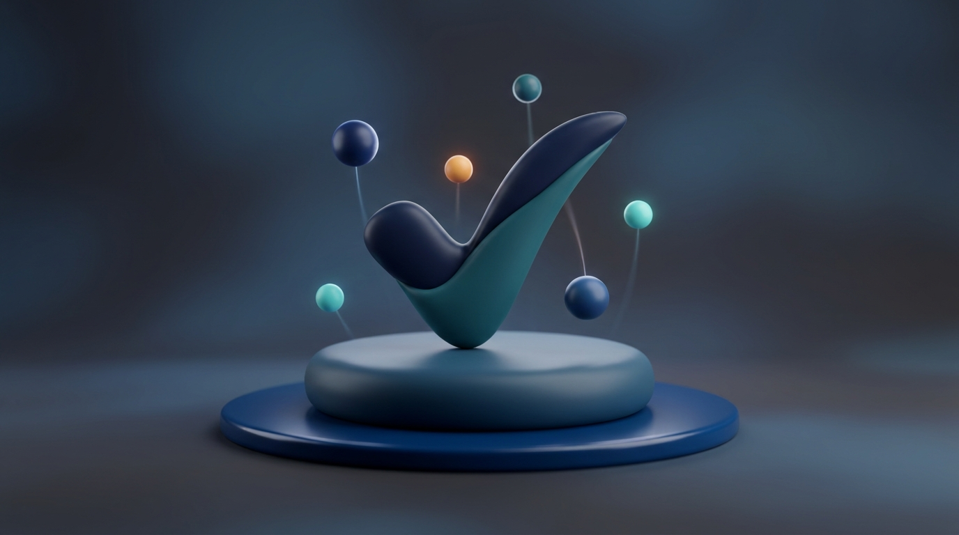 Abstract 3D illustration of a tick symbol and spheres reflecting validating a business idea