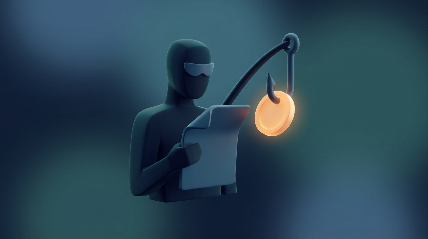 Abstract 3D illustration of a masked figure, fake invoice and hook symbolizing CEO fraud and fraudulent invoices