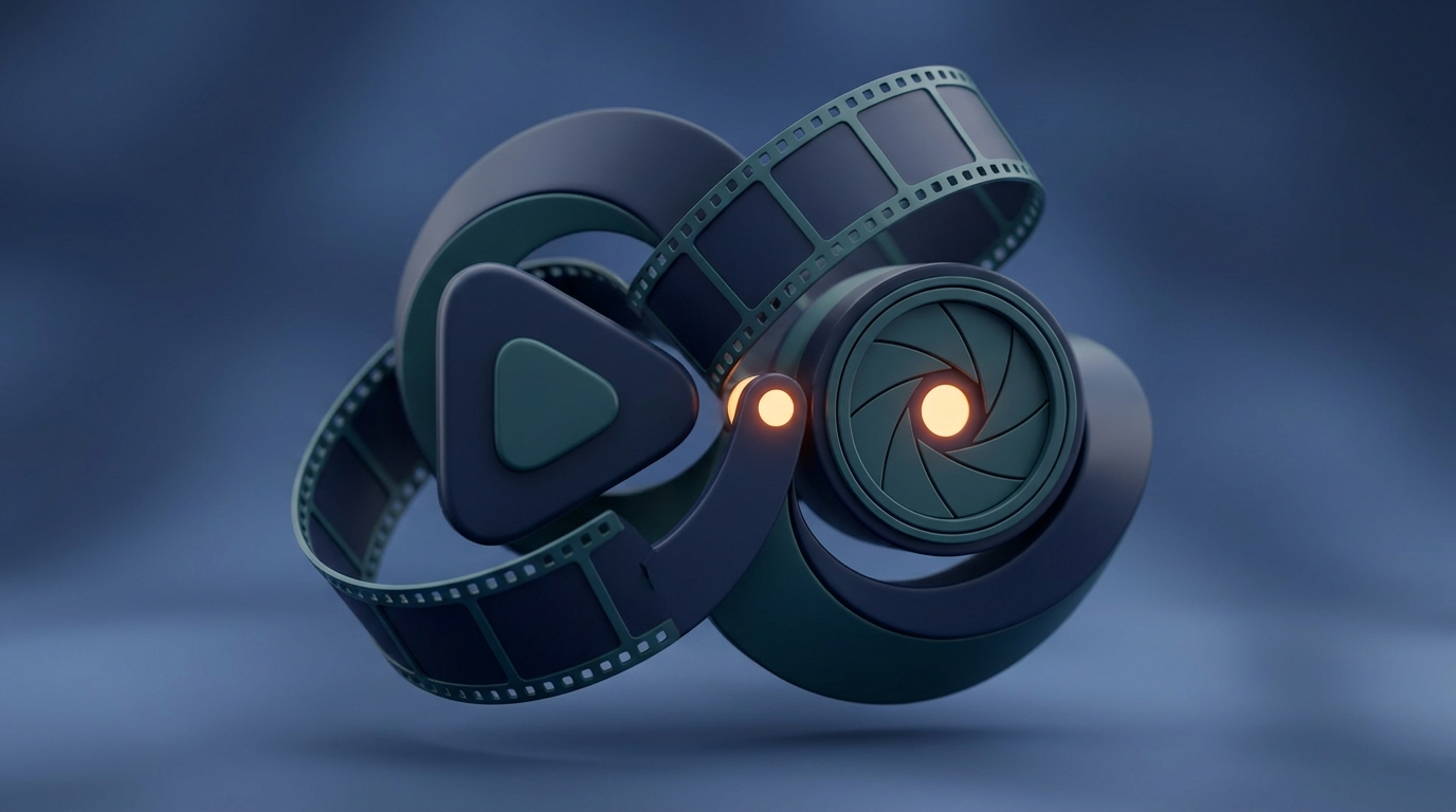 Abstrakt 3D-illustration av en play-knapp och filmremsa som symboliserar videomarknadsföring