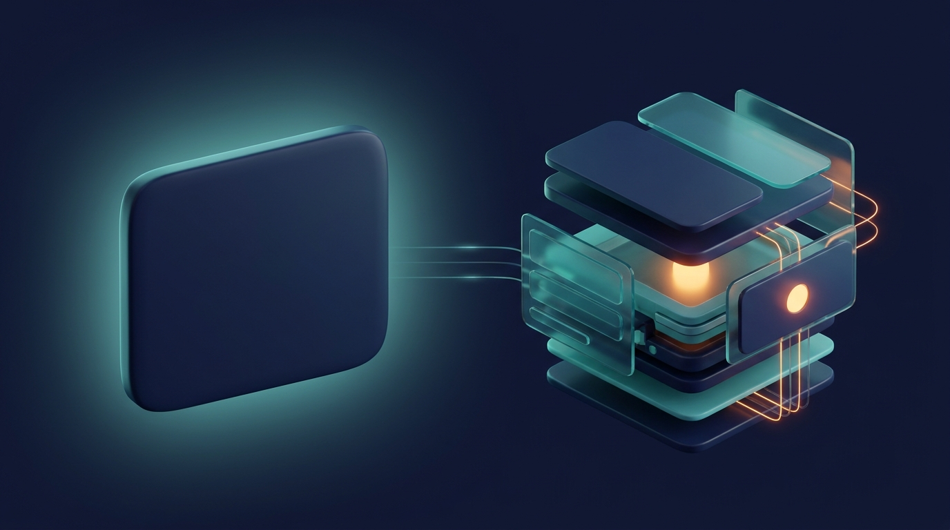 Abstrakt 3D-illustration av en enkel panel bredvid en lagrad modulstapel som symboliserar hemsida kontra webbapp