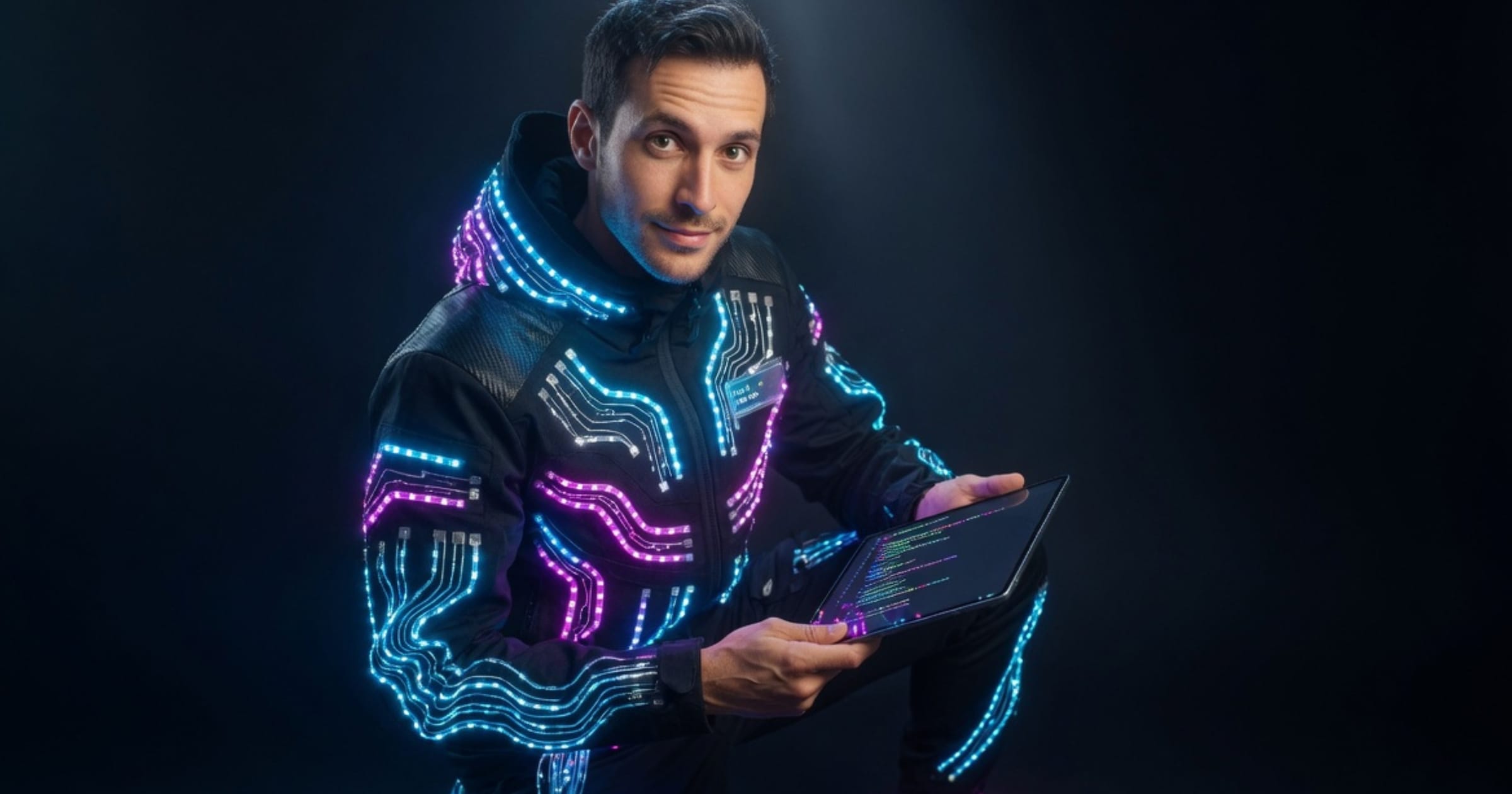 En man i en futuristisk jacka med LED-lampor håller en surfplatta, relaterat till apputveckling och AI-design