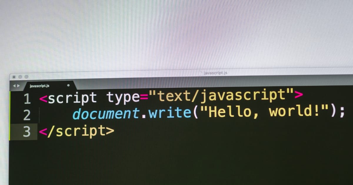 Kodexempel i JavaScript som visar hur man skriver ut text på en webbsida, relevant för webbutveckling och design