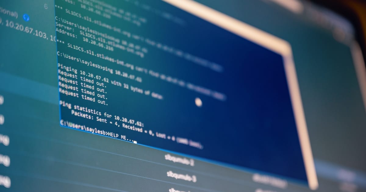 Kodskärm som visar nätverksdiagnostik med pingkommandon för webbutveckling och design av ZORC-appar