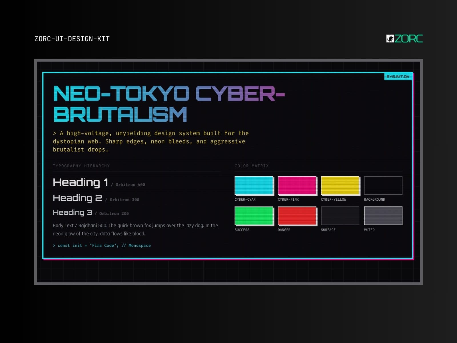 ZORC designsystem för Neo-Tokyo Cyber-Brutalism med neonfärger och typografi för webbutveckling och design