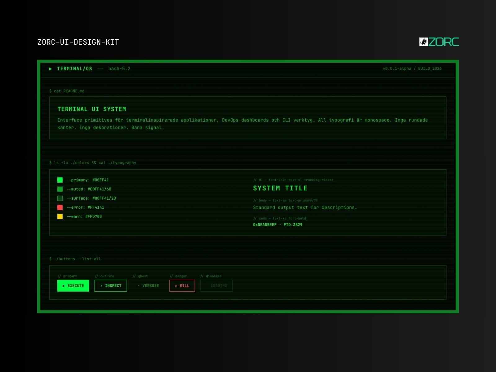 UI design tool ZORC shows terminal-based app with typography and color scheme for developers