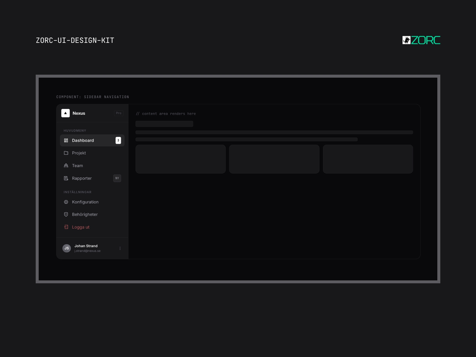 Modul för sidonavigation i ZORC UI-designkit med alla viktiga sektioner som Dashboard och Projekt