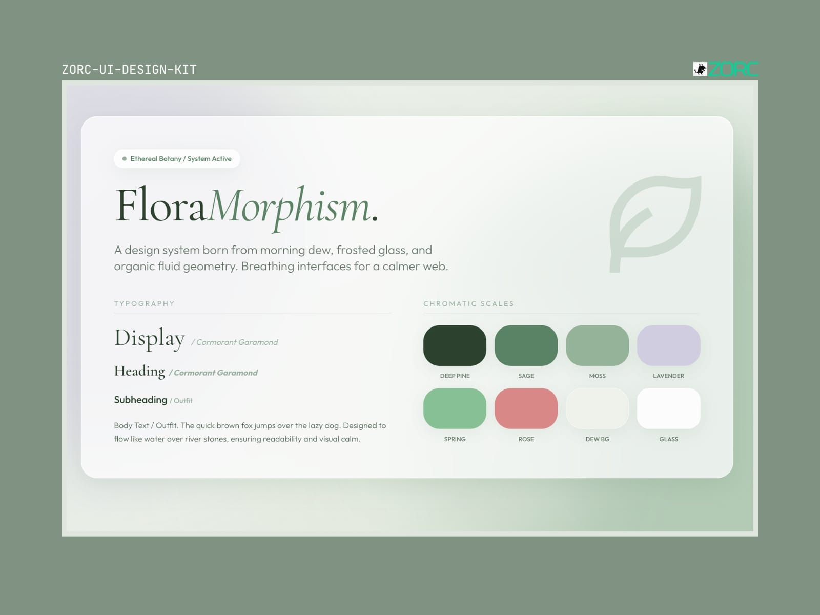Designsystemet FloraMorphism fokuserar på harmonisk typografi och färgpaletter för webbutveckling och app-design med AI-element från ZORC