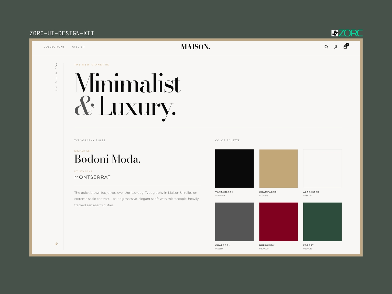 Minimalistisk och lyxig design med typografi och färgpalett från ZORC:s UI-designkit
