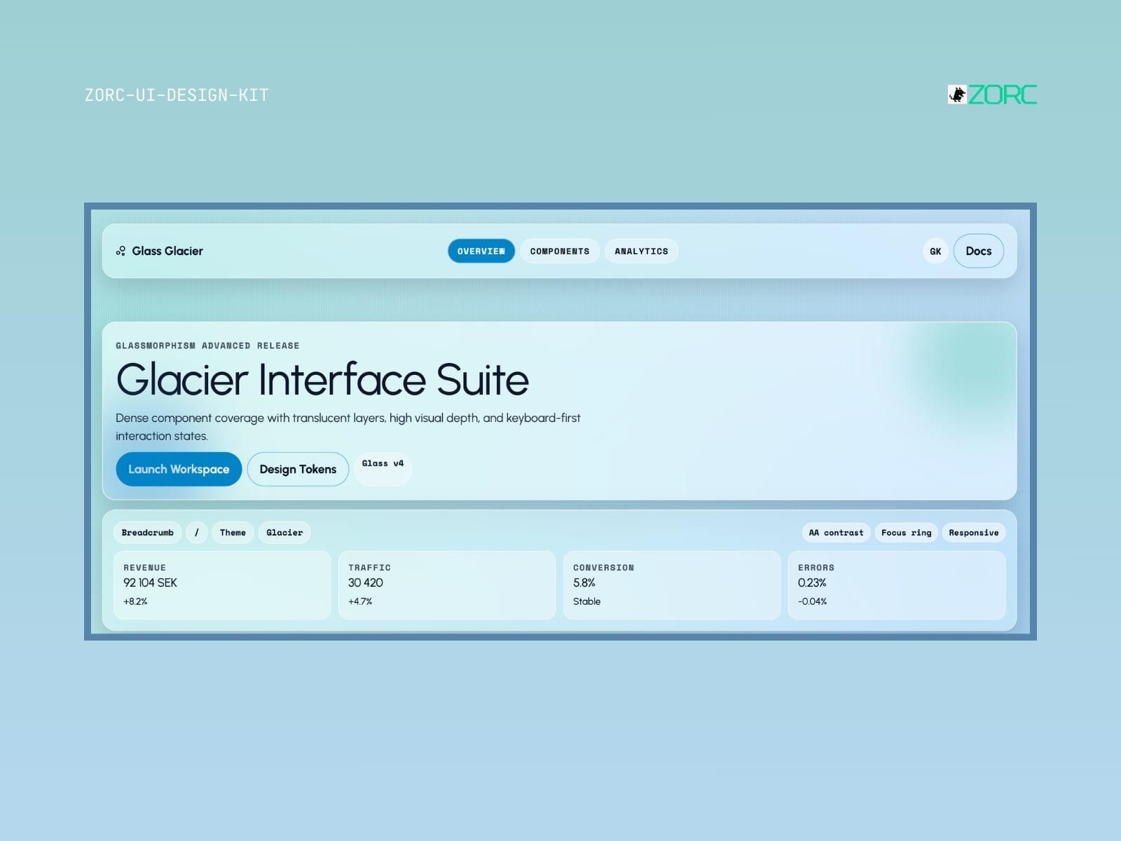 Glacier Interface Suite visar en användargränssnittdesign med transparenta lager och hög visuell djup för webbutveckling och app-design