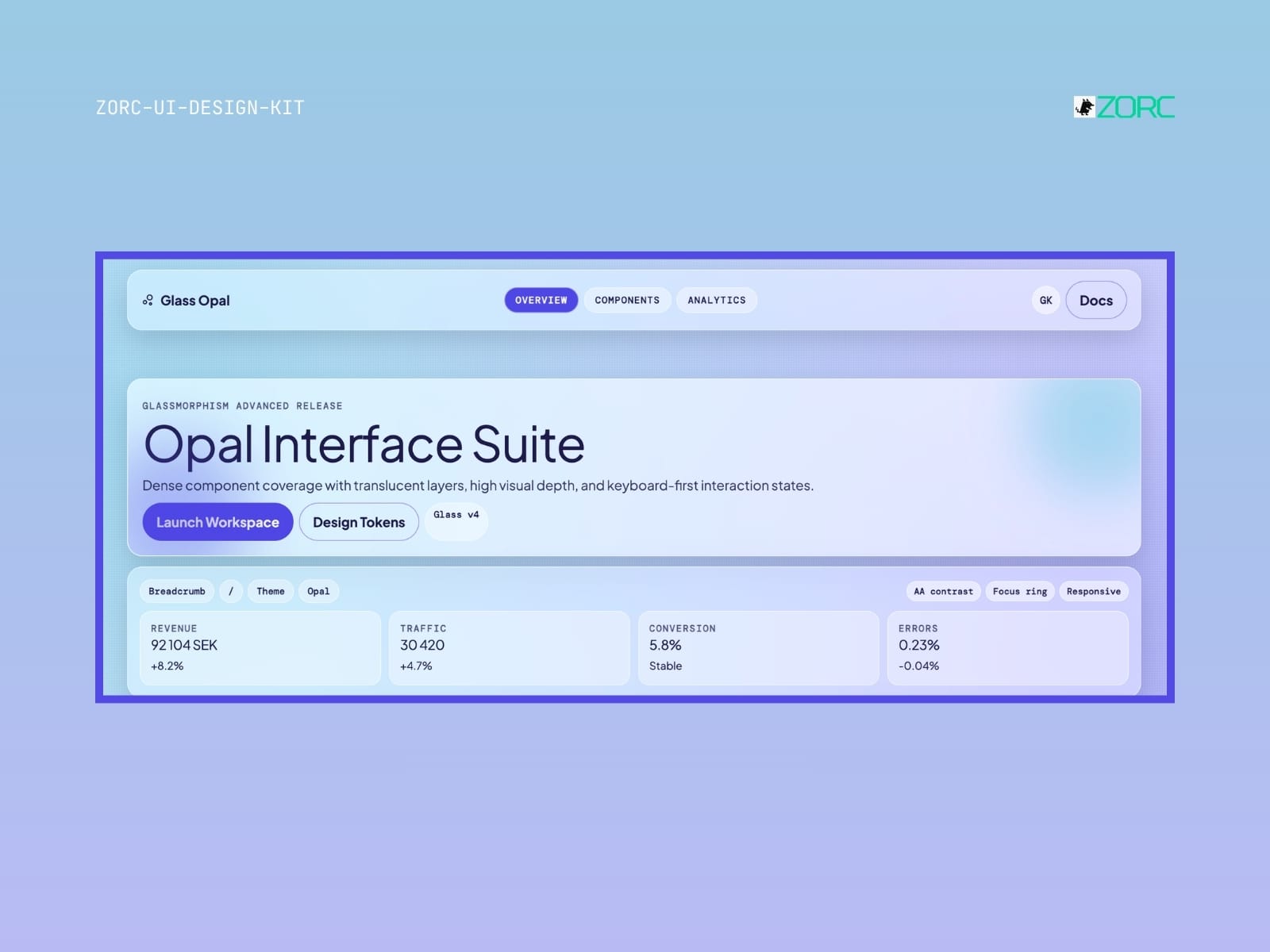 UI-designen för Opal Interface Suite med funktioner som glasartad design och interaktiva komponenter från ZORC