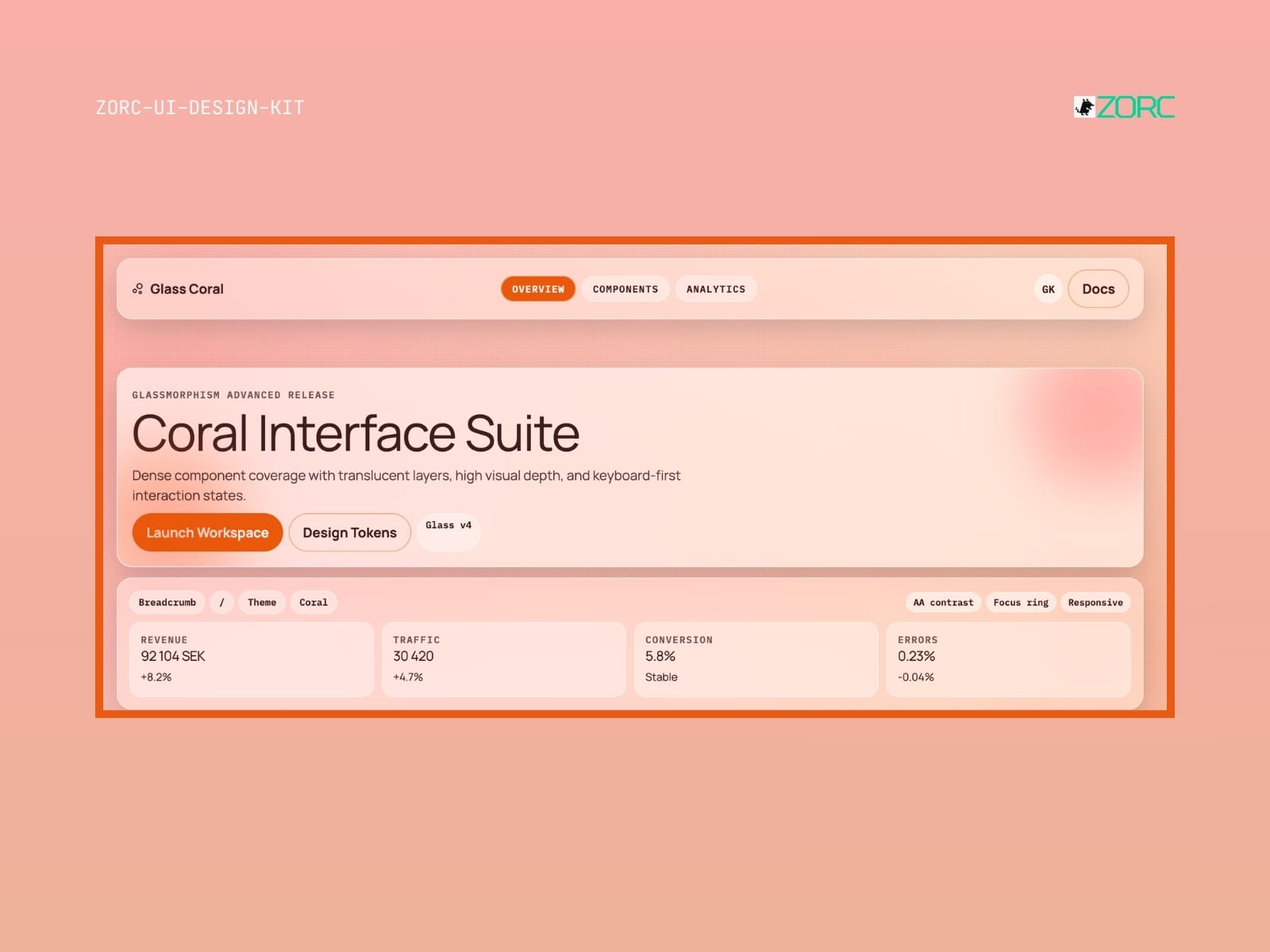 UI design for ZORC's Coral Interface Suite with revenue and traffic statistics and design tokens