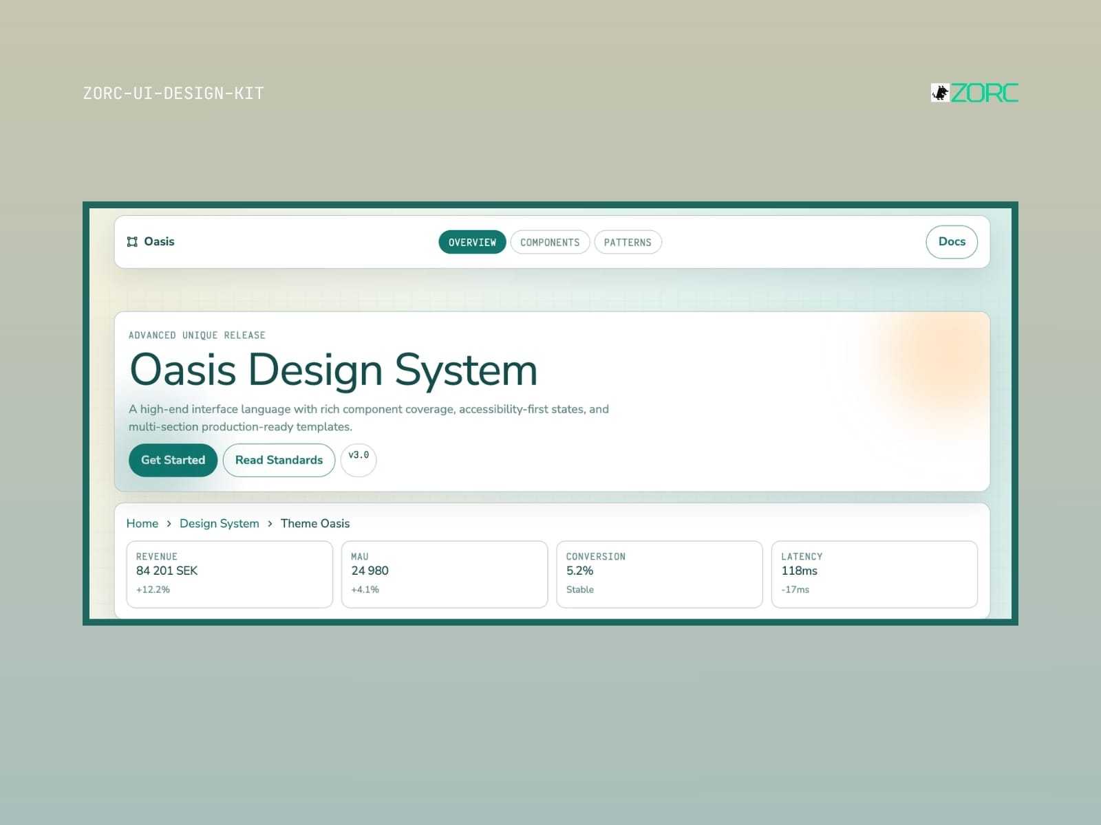 Oasis design system presentations med fokus på webbutveckling, design och användargränssnitt från ZORC