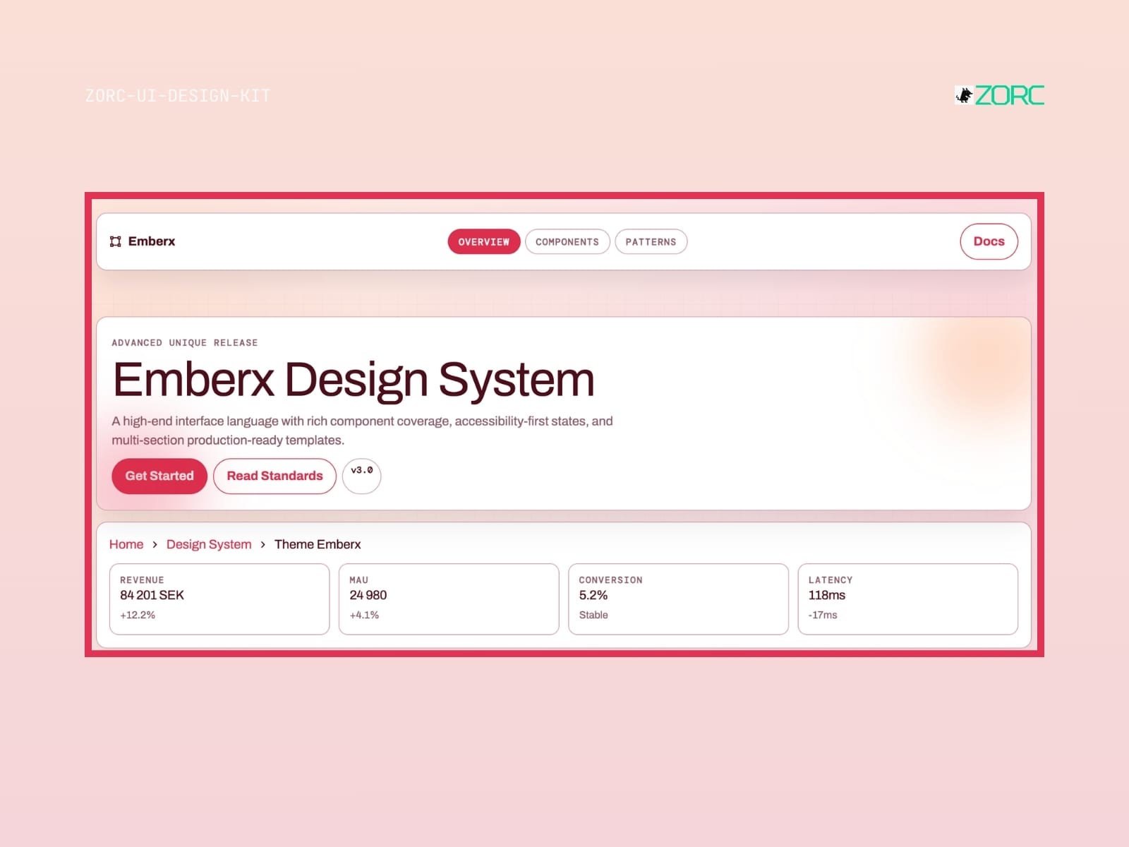 Emberx design system med komponenter och statistik för webbutveckling, optimerad för ZORC-appar och användarupplevelser