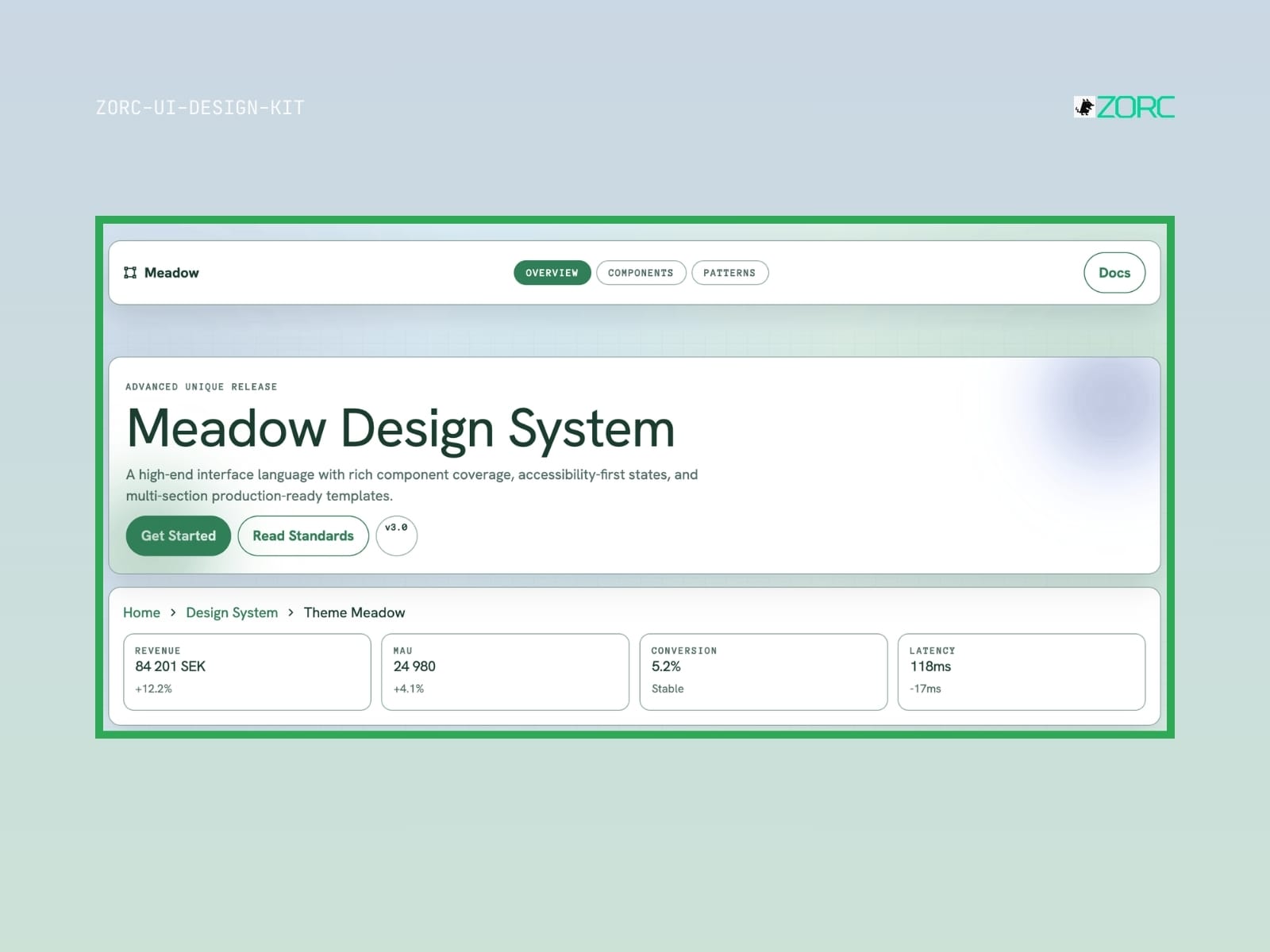 Meadow Design System från ZORC med information om komponenter, användbarhet och produktionstjänster