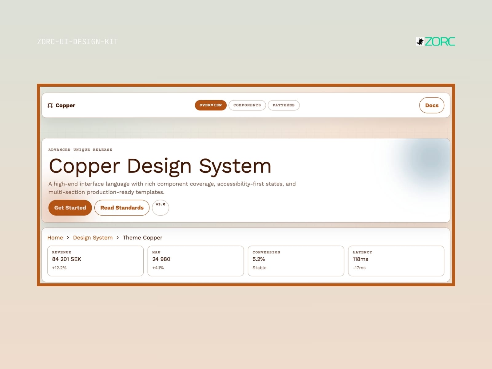 Copper Design System shows an advanced design solution with components and metrics for web development and app design by ZORC