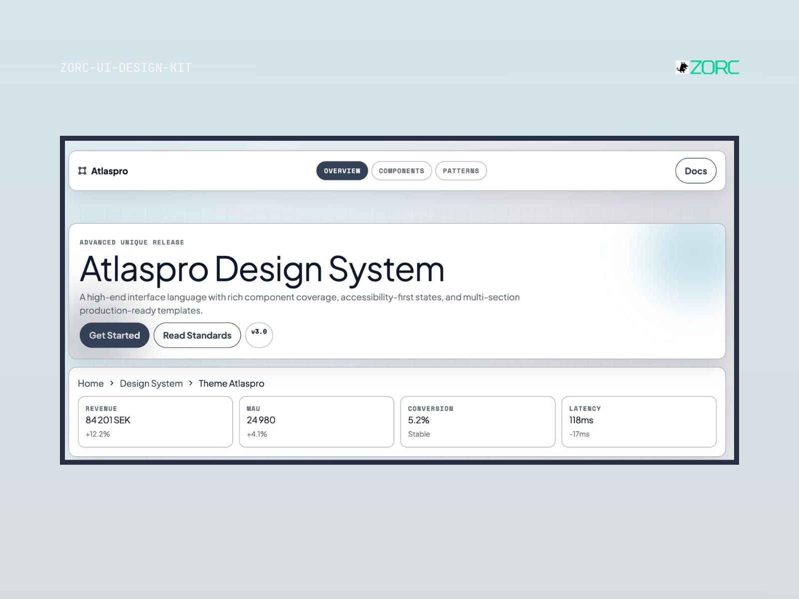 Atlaspro Design System gränssnitt som illustrerar komponenter, standarder och produktionsklara mallar för webbutveckling och design